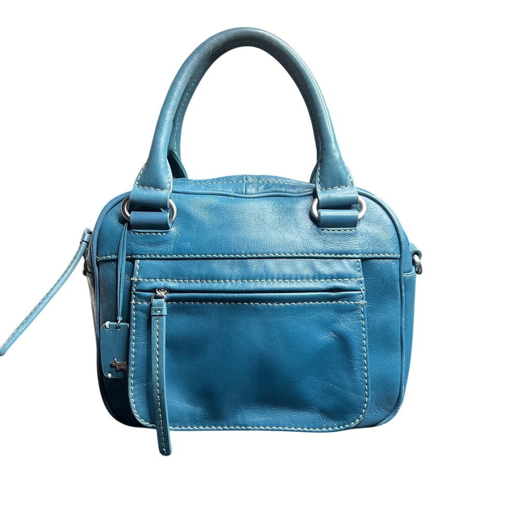 Radley London Teal Blue Leather Satchel Top Handle Bag Contrast Stitching
